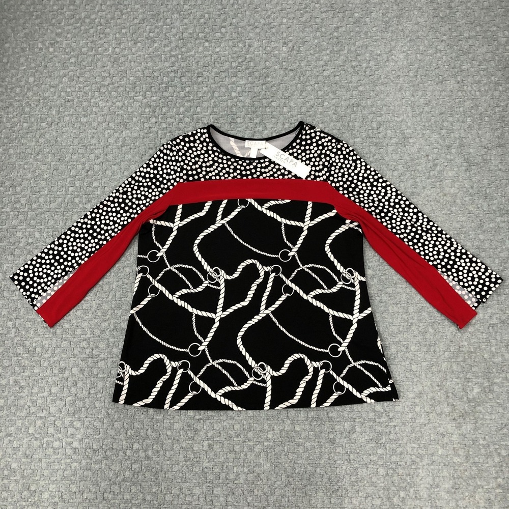 SCAPA Lauren Perre Shirt Womens Medium Black Red Rope Print Nautical 3/4 Sleeve